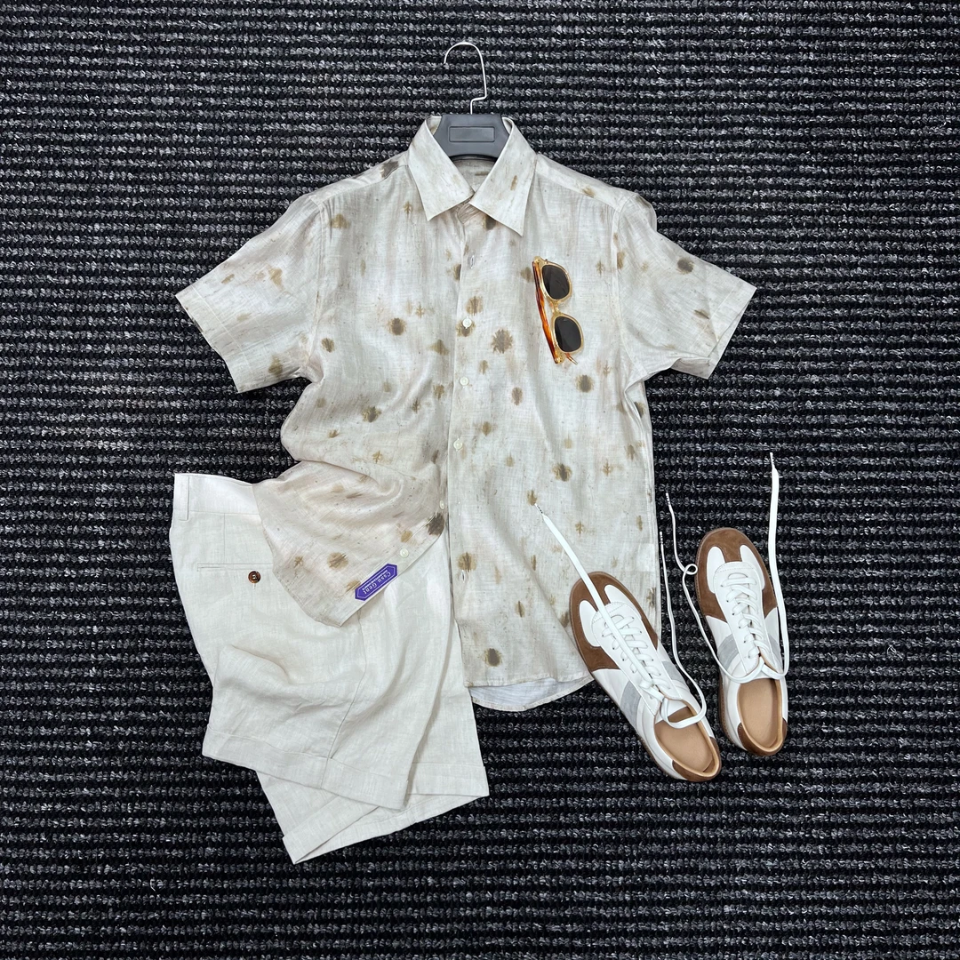 CssuGent那不勒斯皇后时尚尖扣领短袖花衬衫男微透醋酸衬衣潮