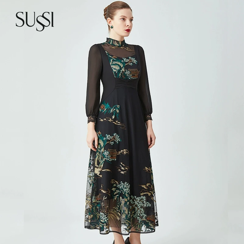「千里江山」SUSSI/古色春季新品商场同款黑色刺绣立领连衣裙
