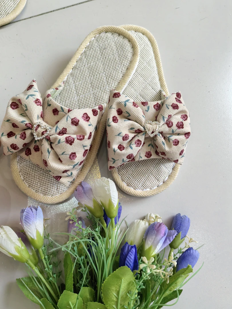 四季适用棉麻女款鱼嘴拖鞋可爱少女心蝴蝶结室内家用