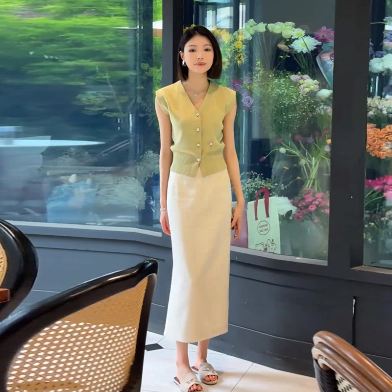 夏日绝美小套装裙无袖针织衫背心上衣搭配开叉直筒半身裙女两件套