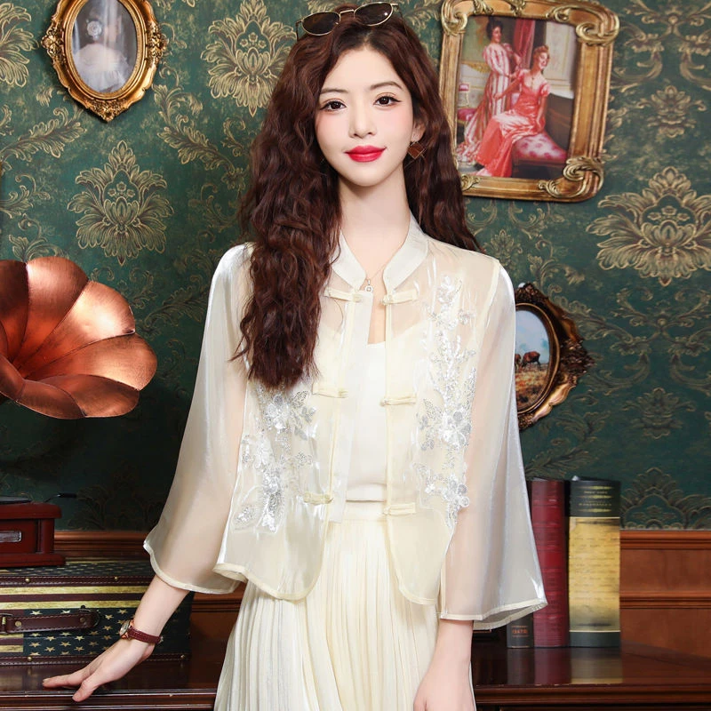 新中式欧根纱防晒衬衫女早夏季2024年新款薄款外搭开衫设计感上衣