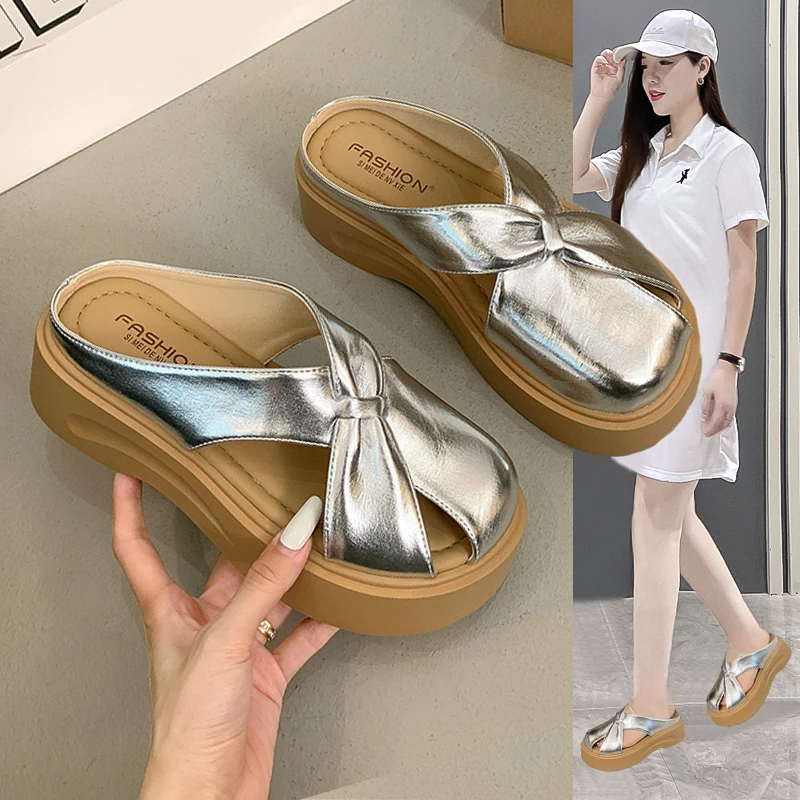 7CM厚底增高包头拖鞋夏季新款复古编织凉拖百搭懒人休闲凉鞋鞋子