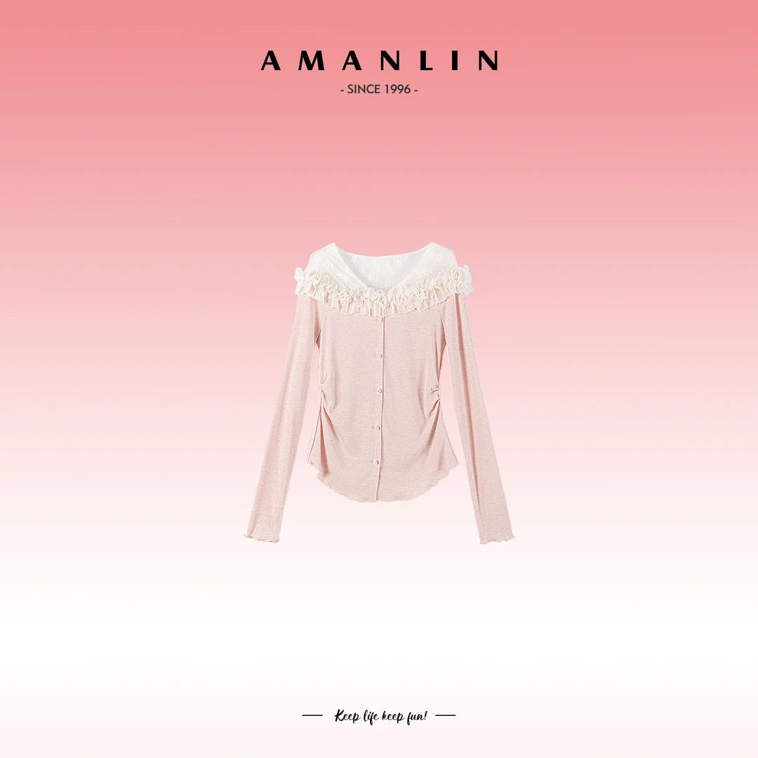 AMANLIN/阿谩琳时尚甜美风粉色长袖修身百搭气质针织上衣F595563
