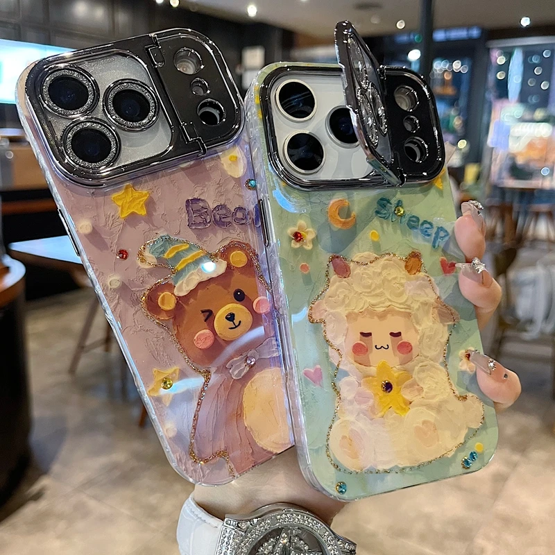 适用苹果系列iPhone17新款手机壳小众可爱风卡熊枪色精孔镜框支架