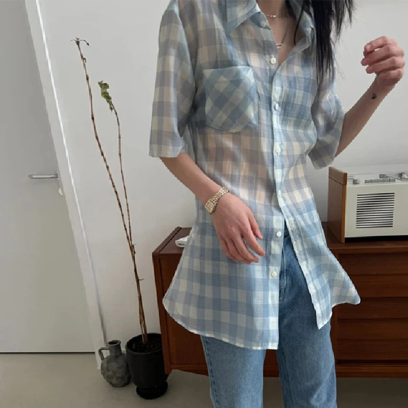 韩货-【海盐泡泡~】初夏简约复古慵懒通勤休闲百搭小众衬衫/4056