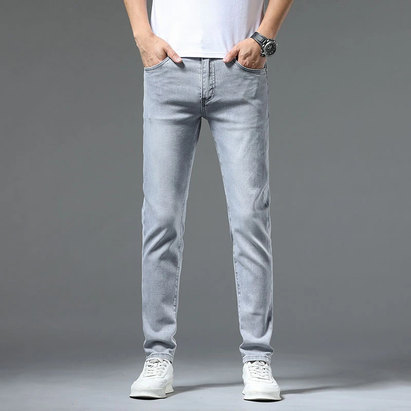 6019夏季薄款牛仔裤男款弹力潮流修身小直筒男士百搭九分裤子浅蓝