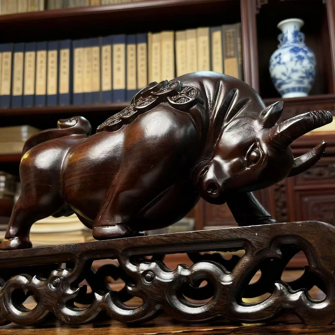 【黑檀木20金钱牛摆件+21龙纹书卷底座】木质摆件套办公室原木雕刻