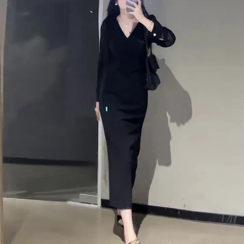 2025早秋新款成人拼接时尚大码女装连衣裙气质显瘦百搭中黑色长裙