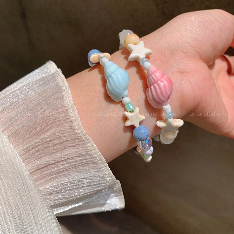 非金属陶瓷手链 海螺串珠度假风海边海星陶瓷夏蓝色星星手串手饰