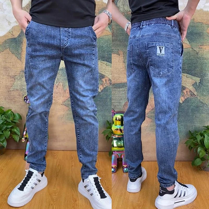 秋冬新款男士牛仔裤弹力休闲裤百搭潮流小直筒裤子刺绣修身哈伦裤