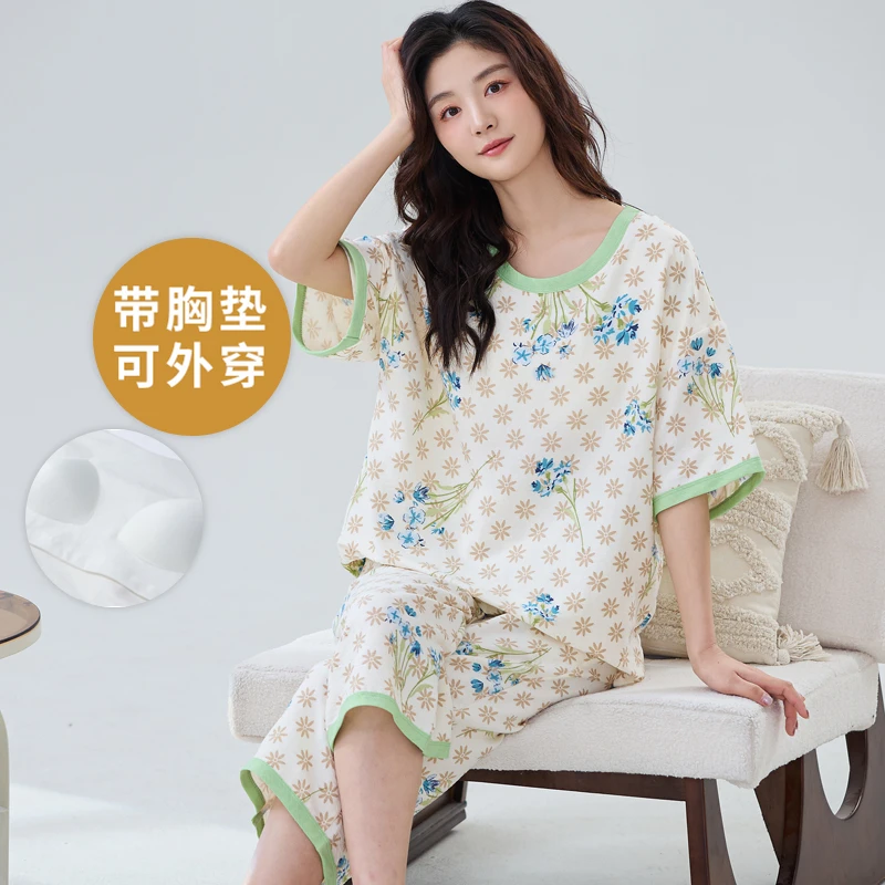 夏季女士短袖睡衣套装七分裤云朵棉自带胸垫一体家居服胖MM200斤