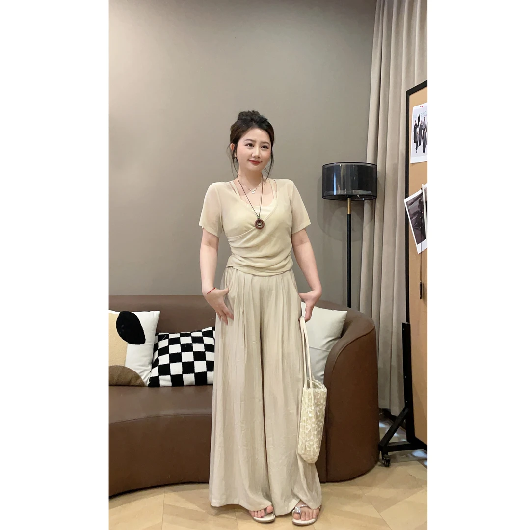 大萌萌【现货】气质慵懒假两件上衣+高腰长裤夏微胖显瘦P224Y06899