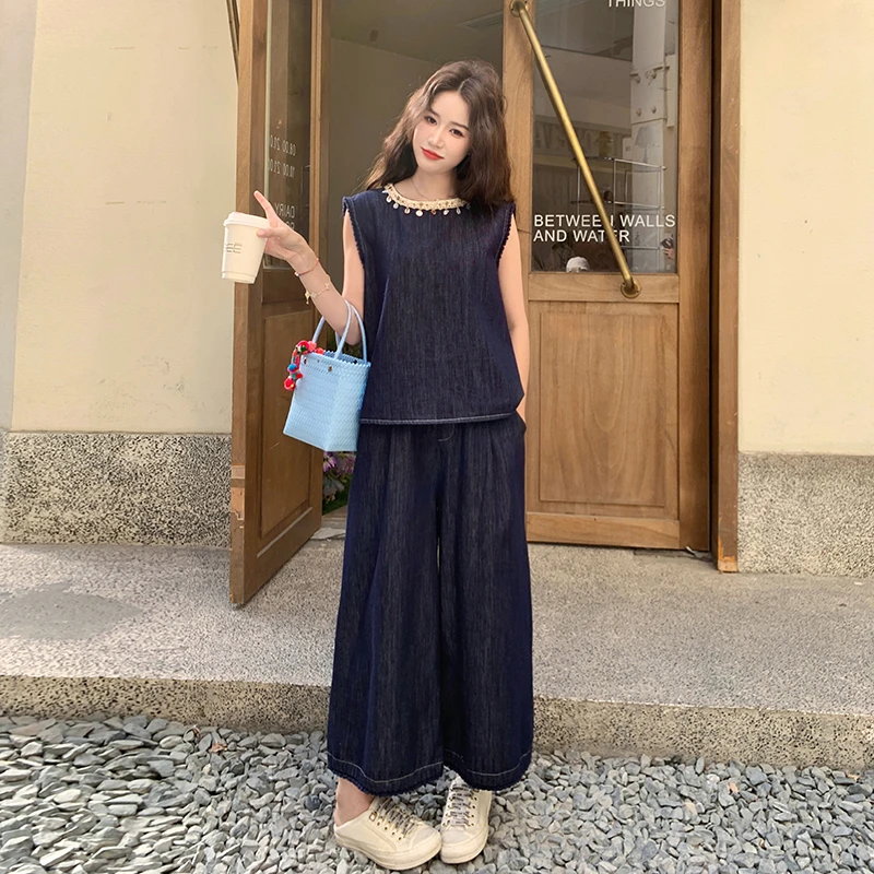 藏青色法式盐系一整套牛仔套装女2025年夏季新款背心阔腿裤两件套