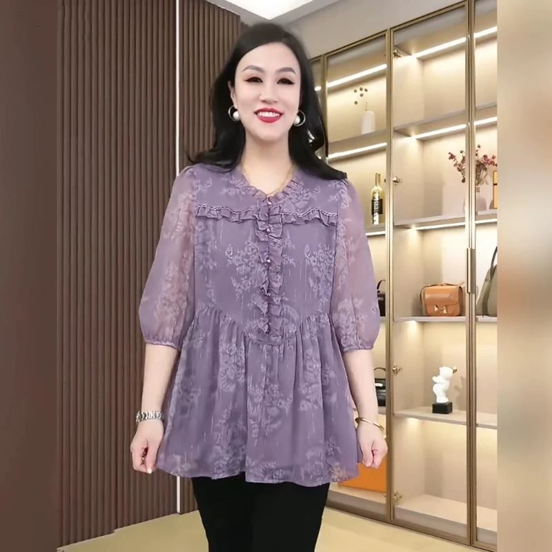 正肩短袖普宁衬衫女夏2025新款雪纺小衫洋气减龄妈妈宽松中袖上衣