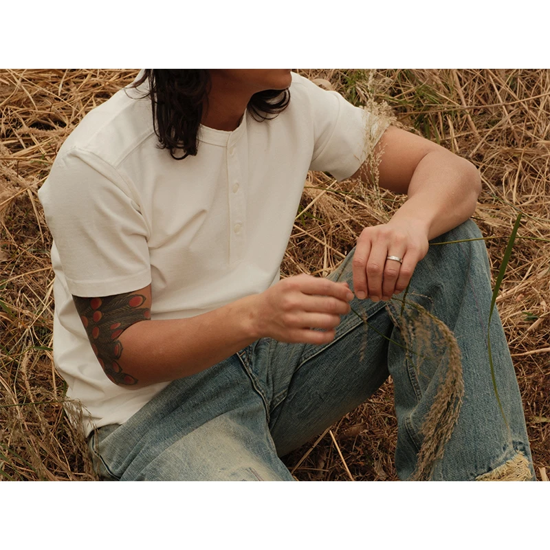 定番230G双层肩贴四针六线美式复古亨利领短袖纯棉T恤 MBBCAR窄幅