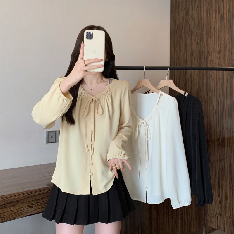 2025秋装新款胖mm大码女法式简约系带衬衫设计感小众长袖上衣百搭