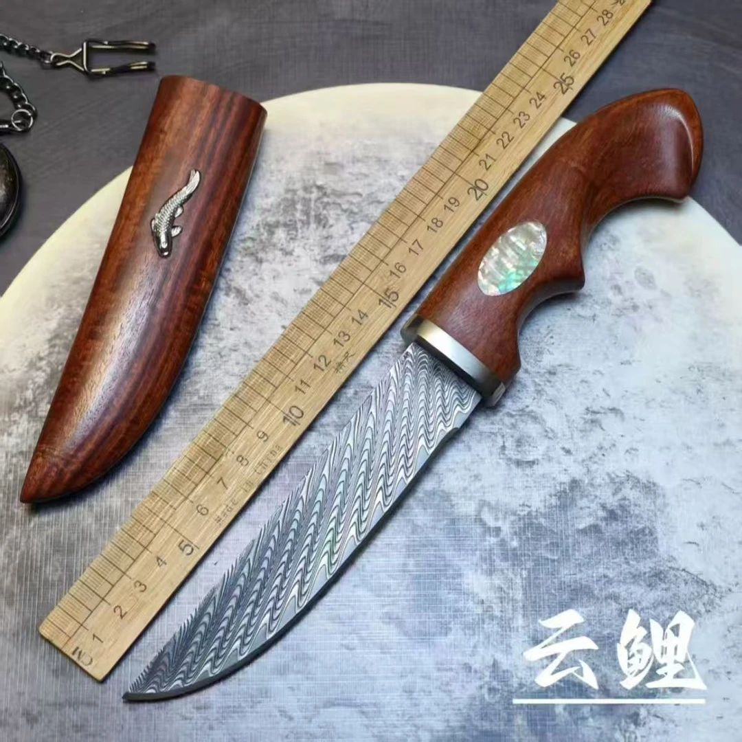 手工锻打花纹大马士革夹钢红酸枝手柄户外露营