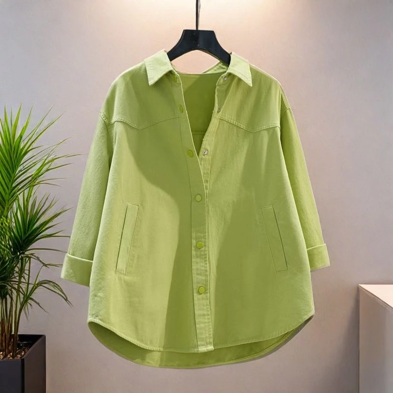 牛油果绿纯棉衬衫女春秋季2024新款上衣时尚宽松叠穿女士衬衣外套