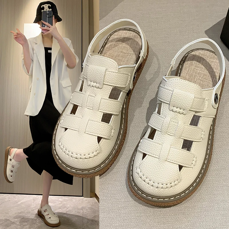 包头罗马凉鞋女两穿厚底凉鞋夏季外穿软底平底镂空编织麻底凉拖鞋