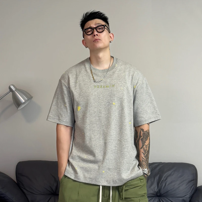 郑郑郑NEIQ店做旧破洞撞色灰短袖T恤时尚休闲夏季男士印花针织