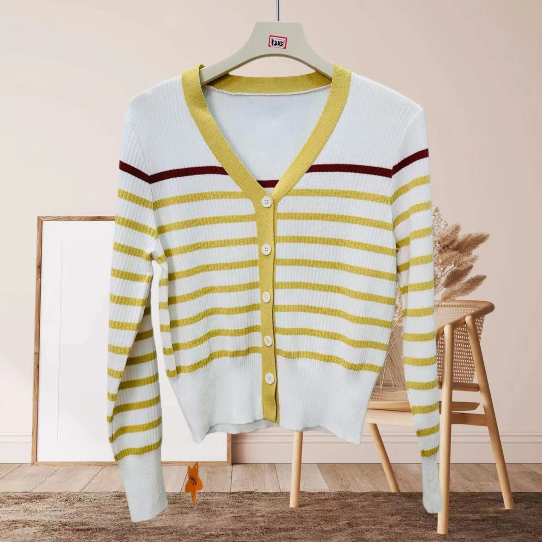 女毛针织衫小香风黑白短开衫长袖百搭秋季条纹1205