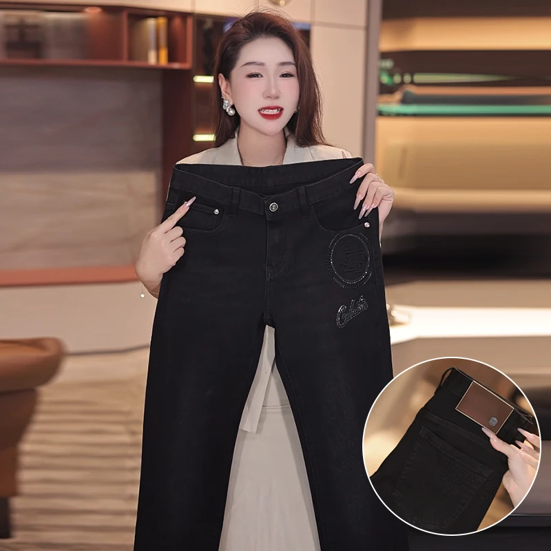 秋季高端男士烫钻牛仔裤黑色休闲修身弹力显瘦裤子男百搭时尚潮