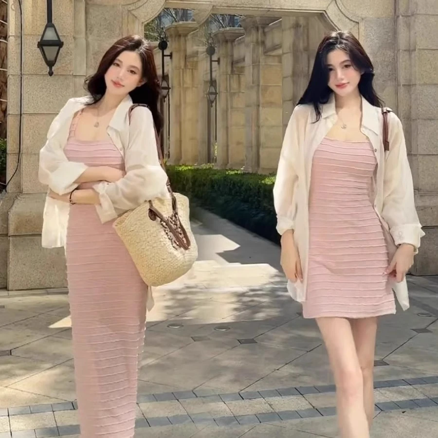 早春2025新款绝美连衣裙女高级感气质收腰温柔风长裙烫钻衬衫套装