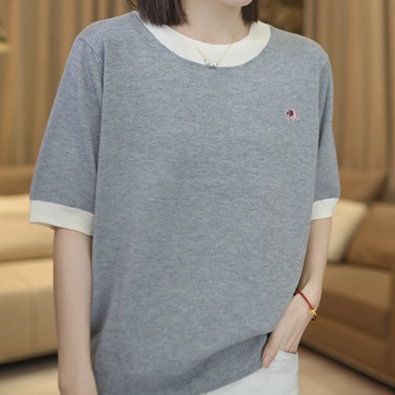 SZZ-LM6825新款撞色领子圆领女装针织衫T桖