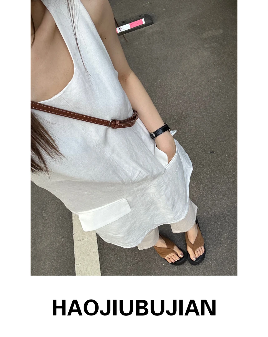 好久不见白色天丝亚麻露背V领中长款吊带