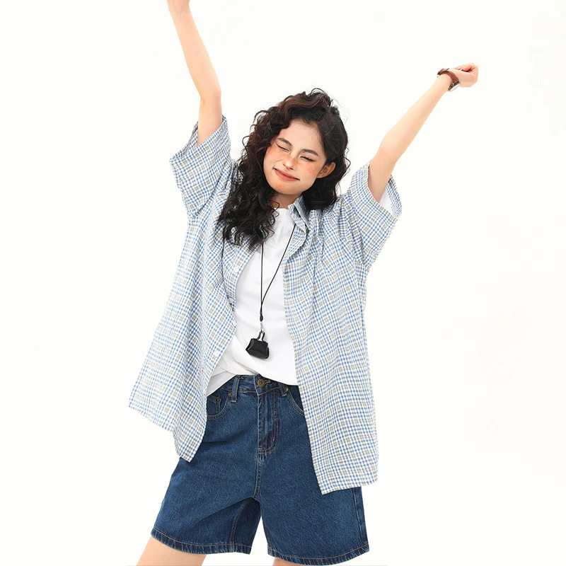 野生阿子原创纹理感格纹小众复古短袖衬衫女潮流青春宽松外穿衬衣