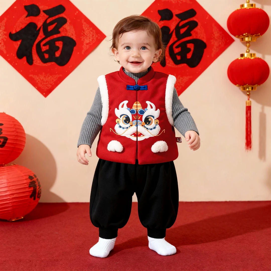 现货【潘先生高定】狮狮如意婴儿拜年马甲中式过年喜庆夹棉加厚背心