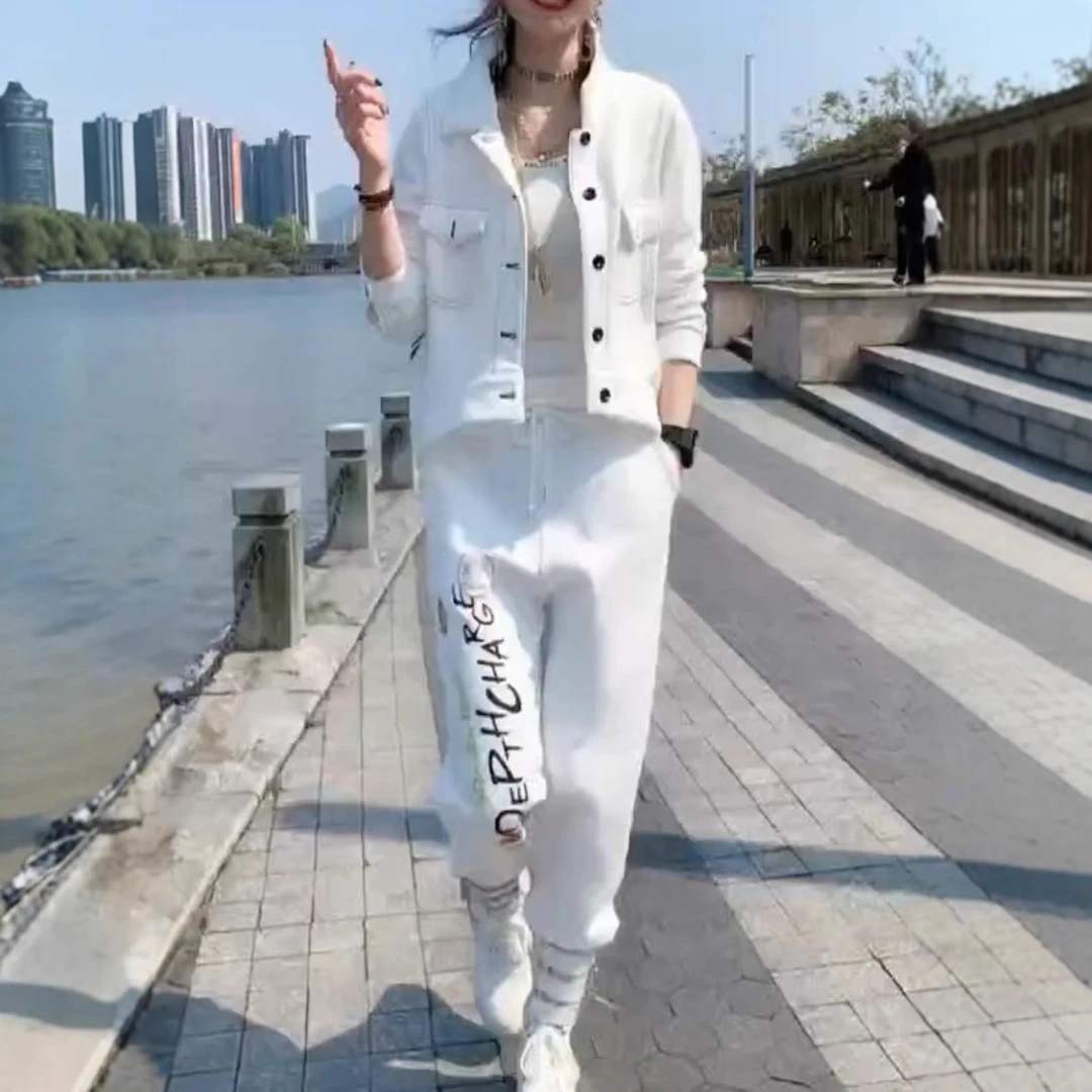 2025春季新款个性街头时尚气质字母印花宽松休闲束脚裤运动套装女