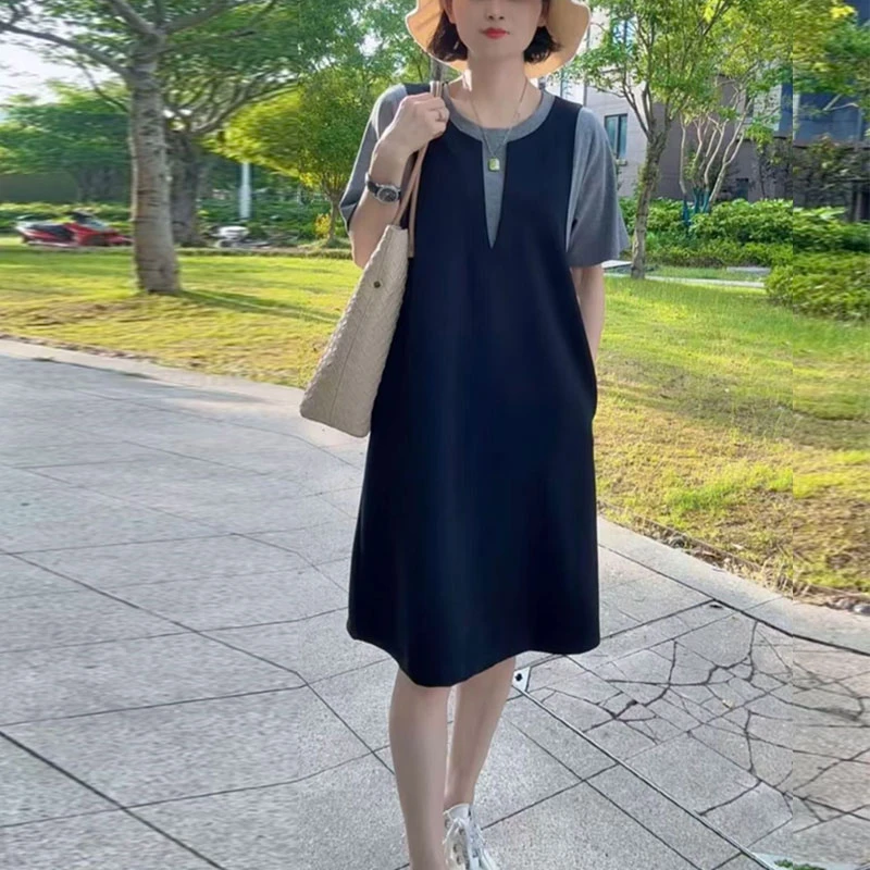 假两件a字连衣裙女2025夏季新款收腰显瘦韩版百搭圆领减龄中长裙