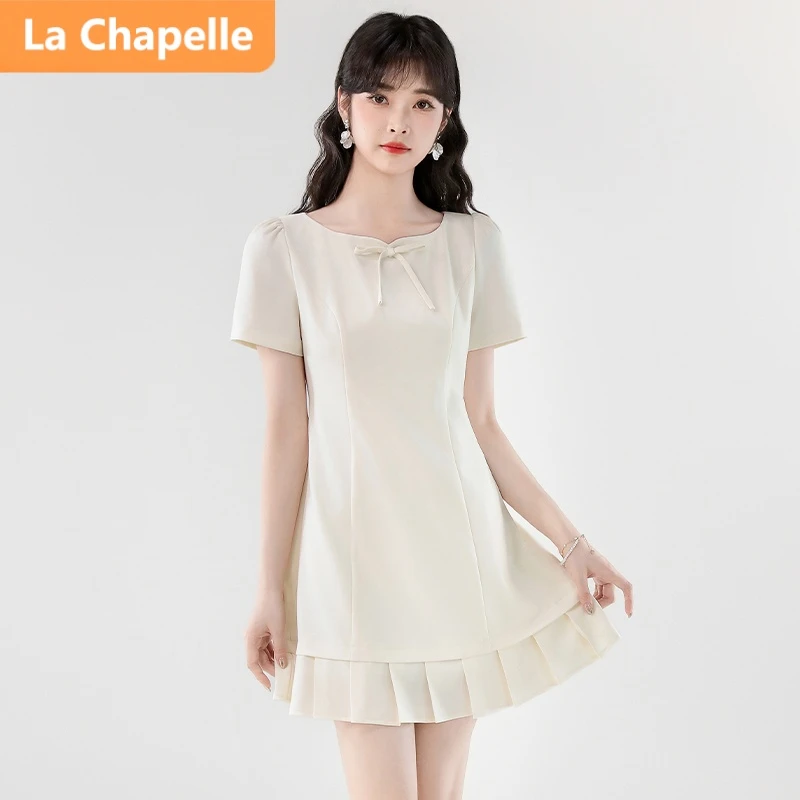 拉夏贝尔短袖连衣裙女夏季2025年新款收腰拼接气质设计感百褶裙子