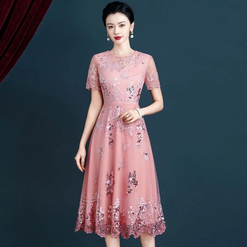 粉紫色蕾丝网纱丝连衣裙中长款婚庆喜婆婆喜妈妈婚宴礼服高档夏装