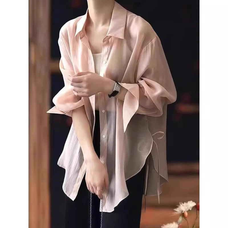 芯娇晴粉色长袖衬衫夏装女款2025年新款休闲宽松防晒衬衣外套上衣