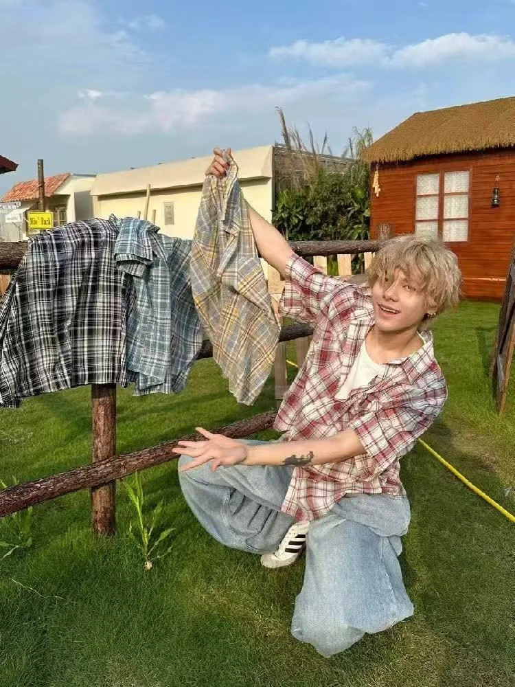 2101美式复古格子衬衫短袖