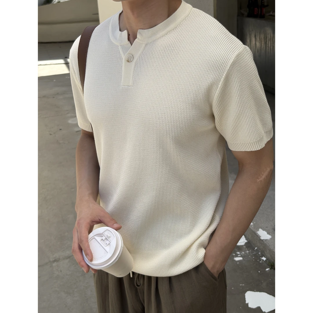 韩国男装 亨利领凉感冰丝短袖针织衫 老钱风透气精致V领纽扣tee