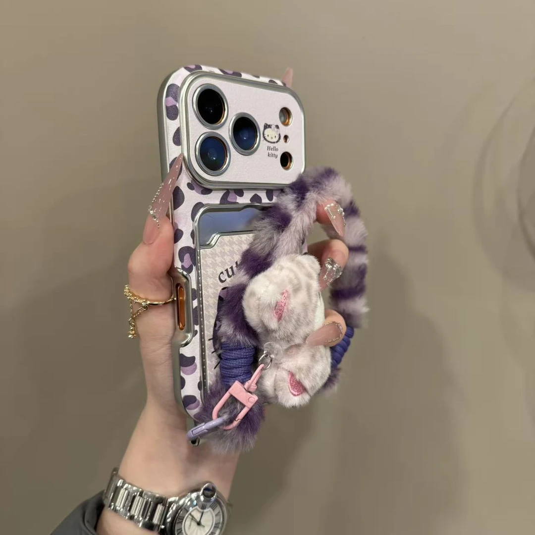 紫色豹纹千鸟格猫咪卡包适用苹果17ProMax手机壳iphone15新款16