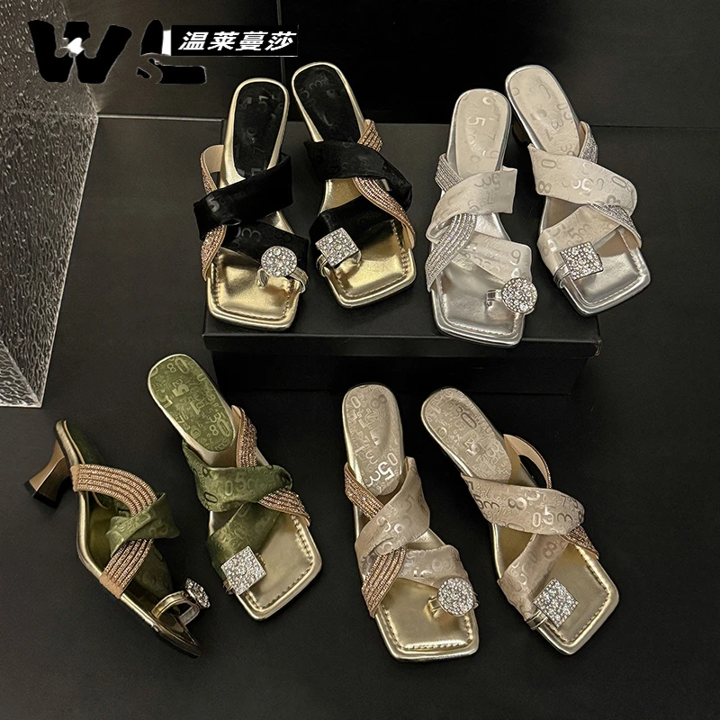 2025夏季时尚新款鸳鸯水钻高级感设计气质百搭爆款夹趾凉拖鞋-5CM
