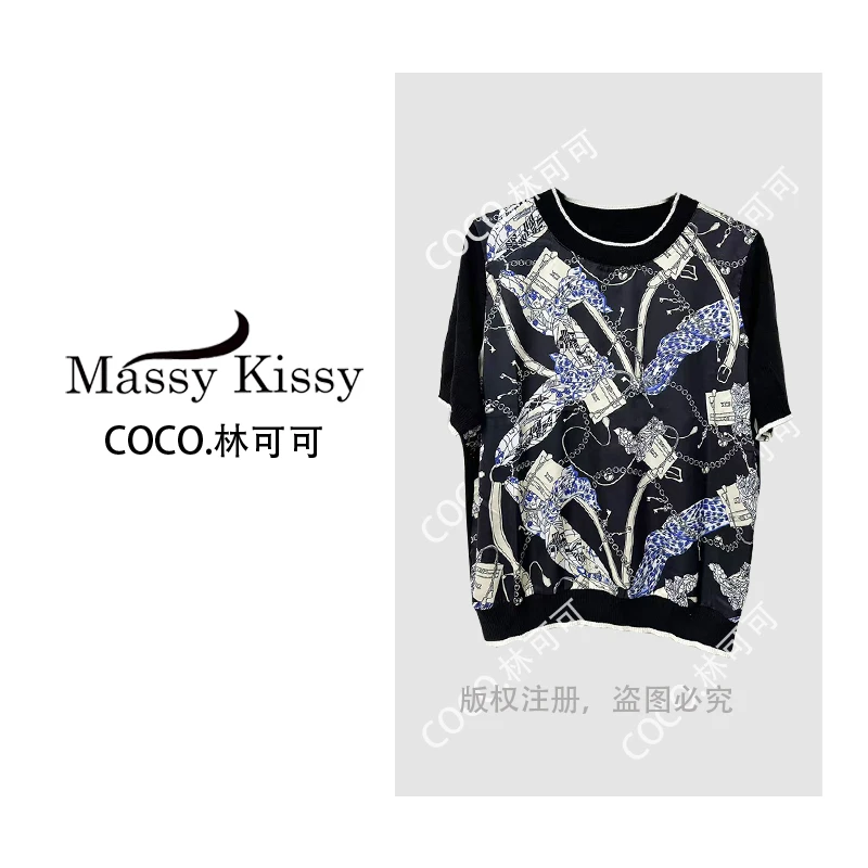 【COCO林可可】新款时尚别致拼接针织T恤女洋气短袖薄款印花上衣