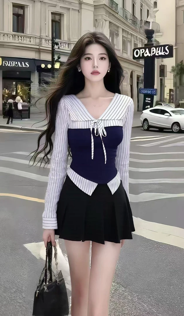 秋季时尚休闲高级氛围感条纹拼接长袖V领修身上衣+黑色百褶半身裙