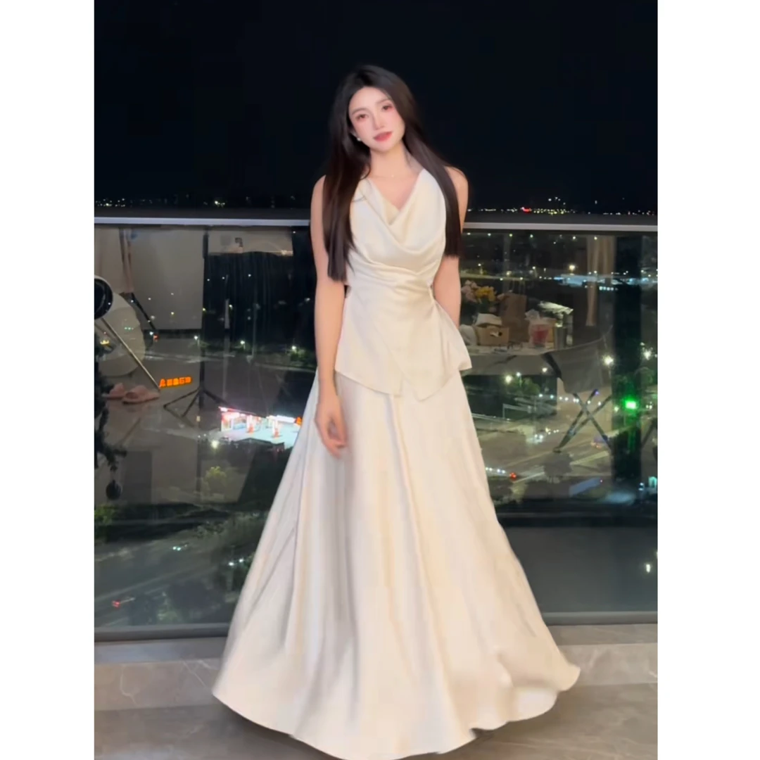 2025无袖堆堆领上衣女夏新款高腰半身裙缎面贵气两件套装显瘦性感