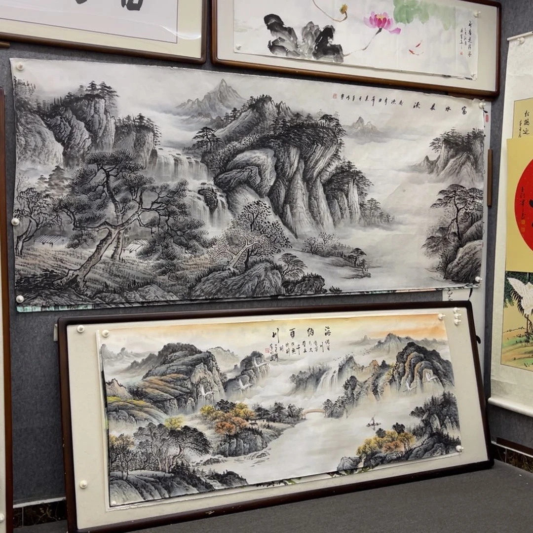 国画八尺富水长流水墨山水画芯一幅微瑕