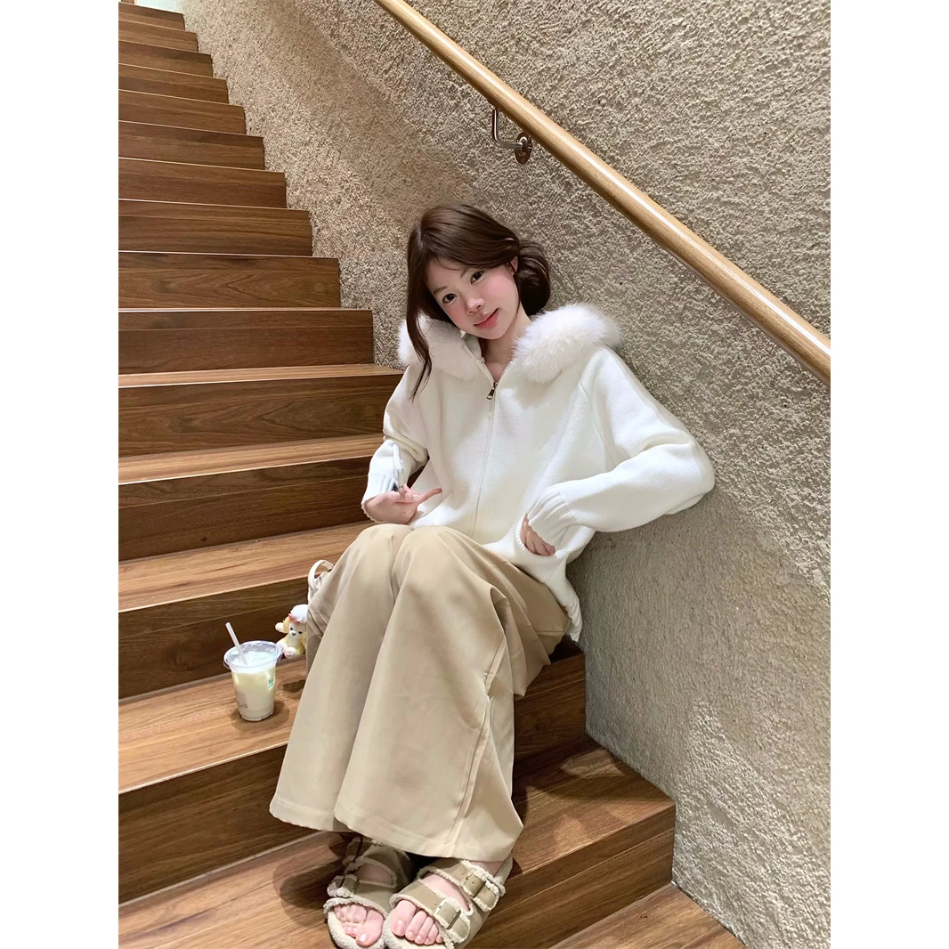 秋冬新款软糯慵懒风温柔连帽毛领针织开衫毛衣休闲百搭小个子外套