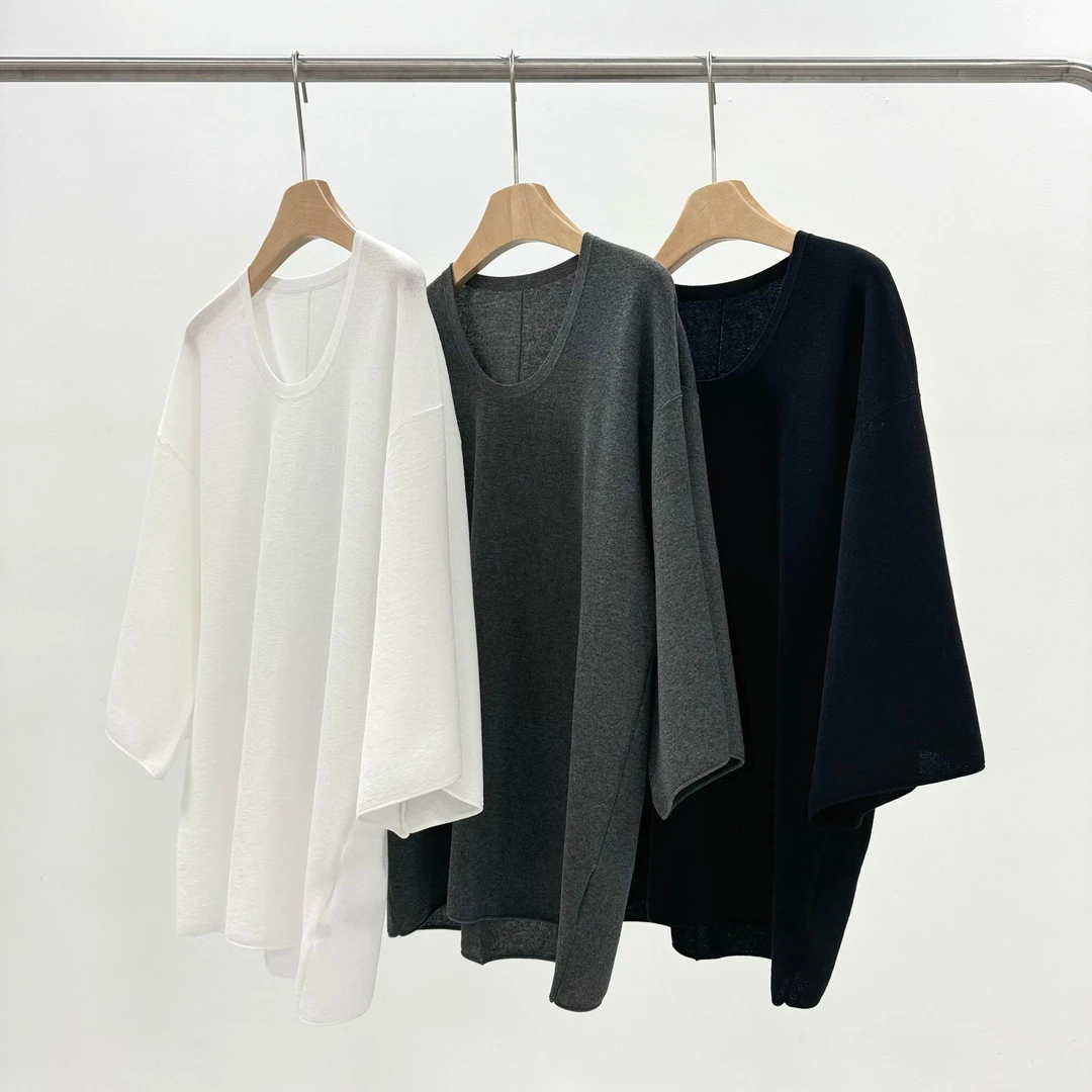 夏季新款U领宽松休闲百搭针织上衣时尚简约纯色设计师圆领女款