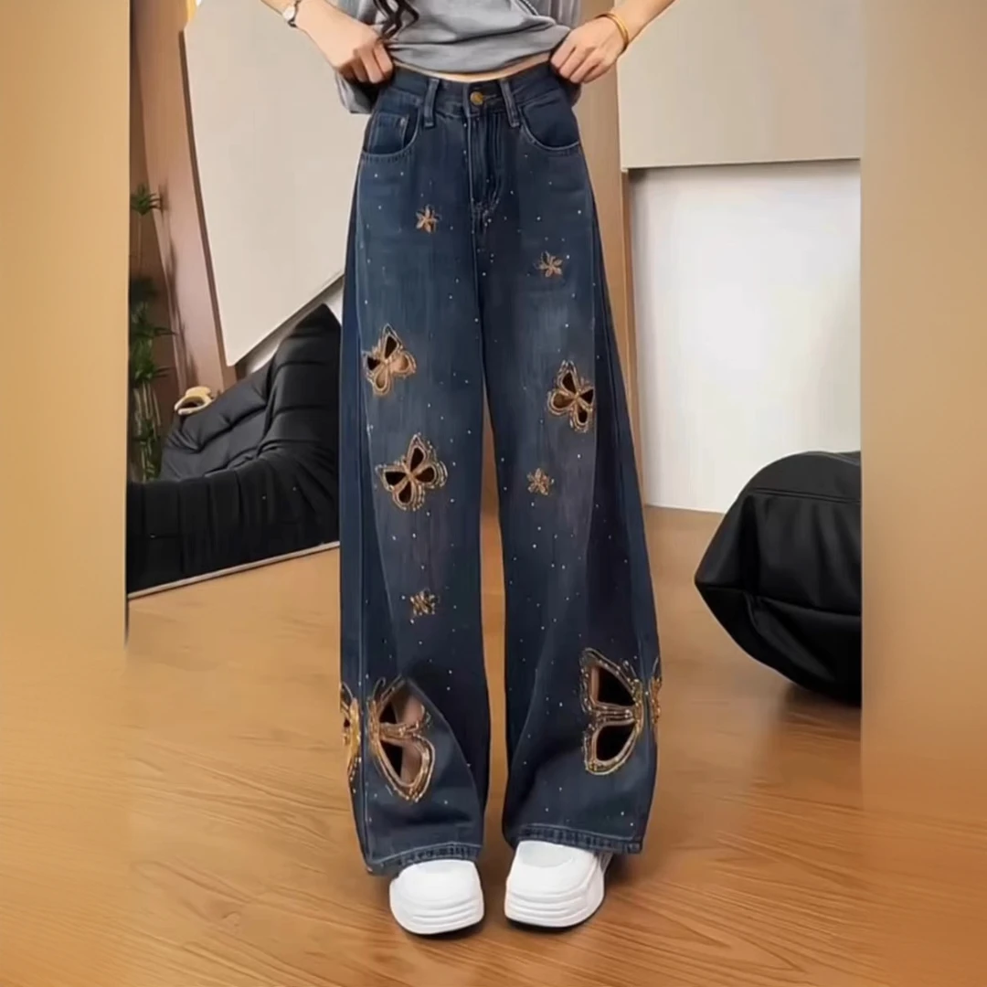 蝴蝶烫钻镂空破洞阔腿牛仔裤女2025夏季薄款高腰宽松显瘦直筒裤子