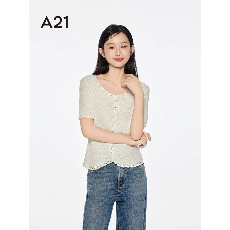 A21女装狜软糯短袖圆领针织开衫上衣F452243021