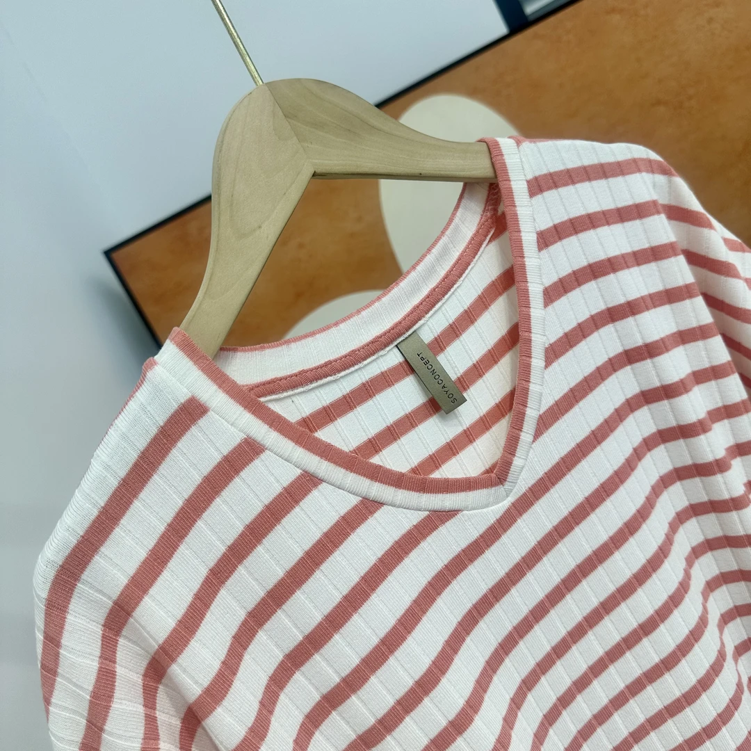 A055针织长款女半袖T恤奶茶条纹宽松显瘦休闲圆领韩版流行时尚