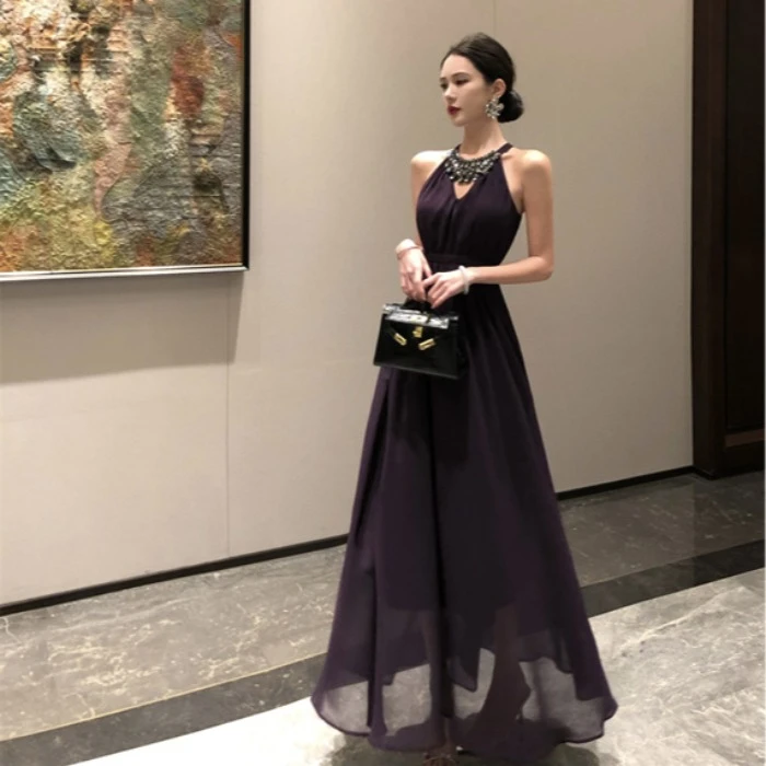 暗夜之吻古早千金风重工名媛长裙镶钻紫色挂脖连衣裙ZC60